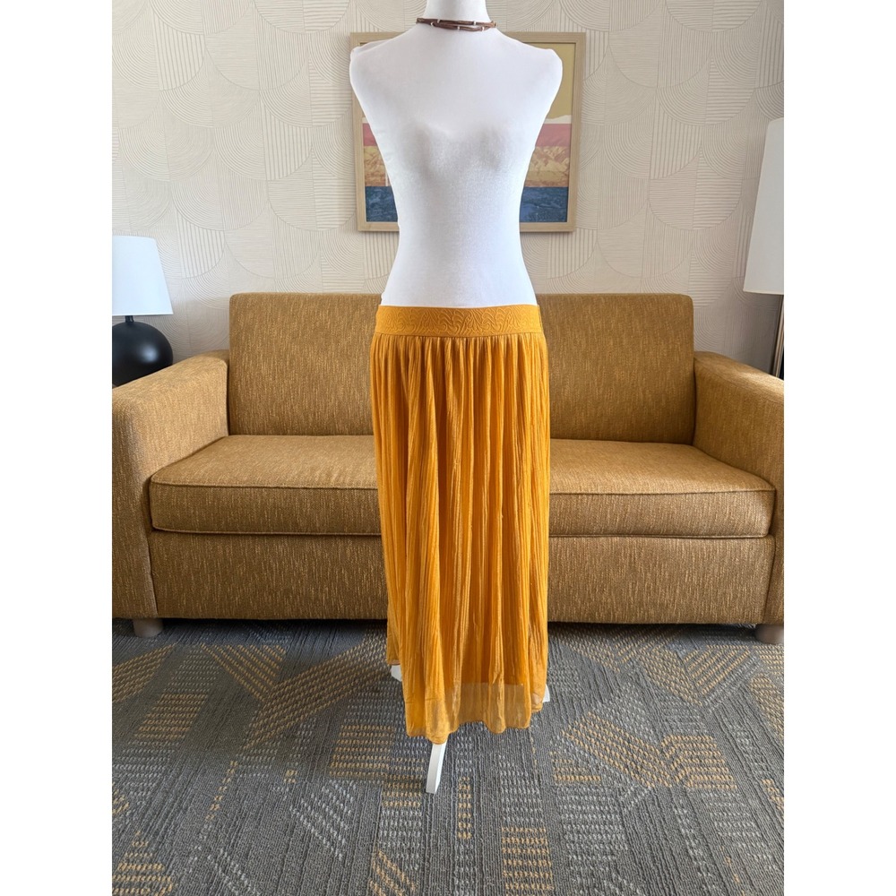 Metrowear Mustard Yellow Crinkle Pleated Maxi Skirt Embroidered Waistband Large